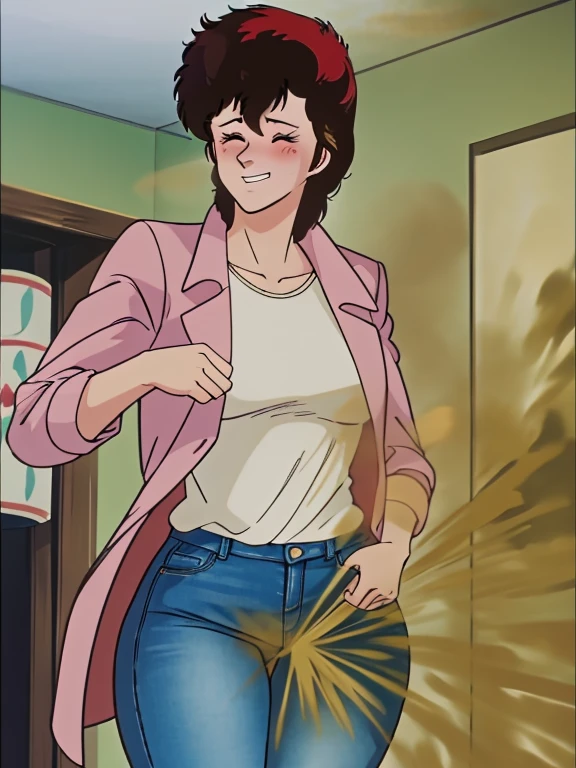 HD, high quality, high resolution, ultrahd,Kaori Makimura, 1female, wearing default outfit, light pink shirt, white coat, wearing coat over tshirt, jeans, default hair, brown hair, very tall body, thin body, massive fart, yellow smoke, velocity, closed eyes, blush, leaning, bending over, embarrassed, smiling, clenching teeth, alone in a room, beautiful lighting, highlights