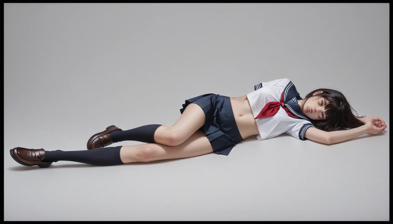 score_9,score_8_superior,score_7_superior, masterpiece, sauce_photograph, (Realistic:1.4), 4K, Simple Background, Amazing depth, Double Exposure, Surreal, Exquisitely crafted, Perfect balance, Deep and thin border, artistic photographrealism, Smooth,
One girl, 24-years-old, Japanese Girls, , Young girl, (bangs:1.2), School_uniform, Sailor_uniform, short_sleeve, Crop top, Large Breasts, belly button, (mini skirt:1.2), Knee-high socks, loafers, (Hands behind the body:1.3)、Are crying、(Lie down and sleep:1.2)、(In a dirty warehouse:1.2)