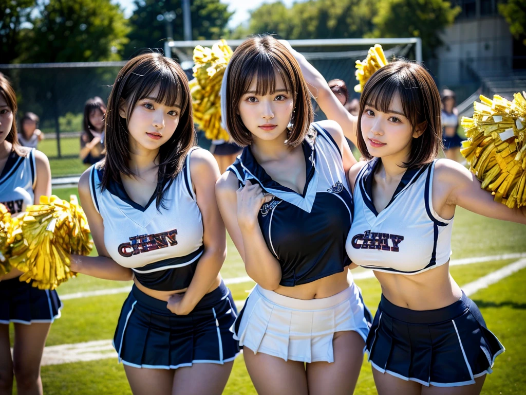 (RAW photo, 4k, masterpiece, high resolution, extremely complex) (realistic: 1.4), cinematic lighting
((2 girls, 2 schoolgirls)),blushing,((innocent)),bright eyes,round eyes,blunt bangs,(short bob hair:1.3),black hair,large breasts,wide hips,Summer Noon, ,Hot, (Best Quality), (Highres), (an Extremely Delicate and Beautiful),(Beautiful 8k face),(Brown eyes),( spectators),(gigantic breasts),(Play with each other,Touching each other's bodies,Touching the body),(cheer girl:1.5),(a miniskirt),(reality),bright lighting,(The background is a luxury hotel room)