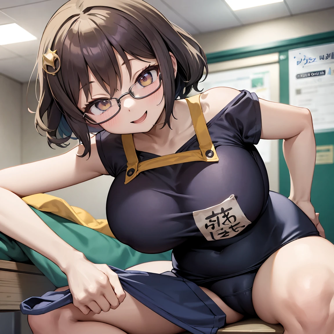 8k、masterpiece、Japanese、Woman wearing glasses、anise、from the front、smile、Childish、Big Breasts、Sheer School Swimsuit、night、Bedroom、Move the cloth between your legs to show