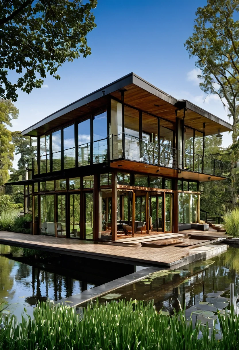contemporary house with steel, wood and concrete structure, large glass windows, brise-brise style windows, deck overlooking a large duck pond