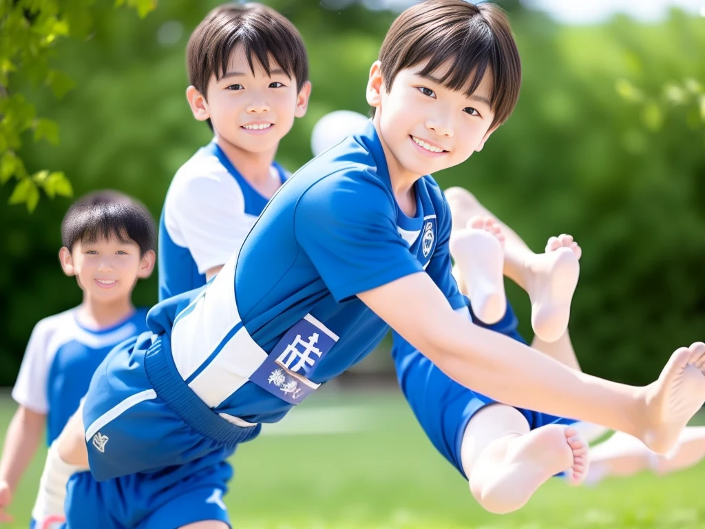 夏休みのprimary school校、primary school５Grade、Japan Boy、hot day、Set gymnastics、Acrobatics、A boy on the move、Short sleeve gym uniform、Blue shorts、physical education、barefoot，（Boy 1.4）、Boys only 、(１０Age 1.４)