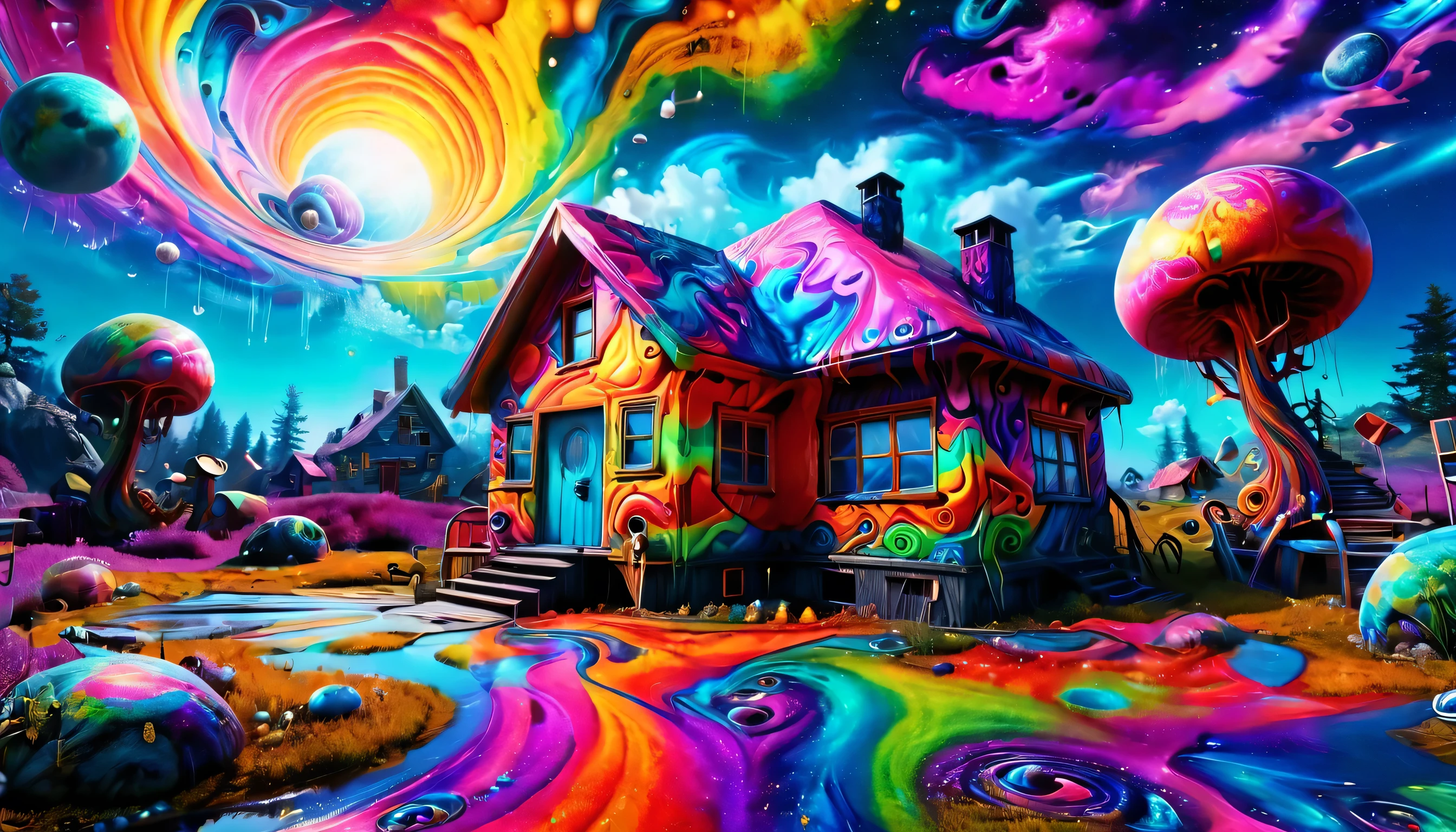 Create a vibrant and 4k logo for a YouTube music channel featuring a variety of genres including Psychedelic Trance, Sleeping Ambient, Love Songs, Blues Bass Space-Rock, House, and Deep House. The logo should prominently feature the letters "D B Z" and "D T R" in Gothic fonts. Use a psychedelic color palette for the background to reflect the diverse and dynamic nature of the channel. Ensure the design is bold and visually striking, capturing the essence of each genre and the multi-playlist nature of the channel.