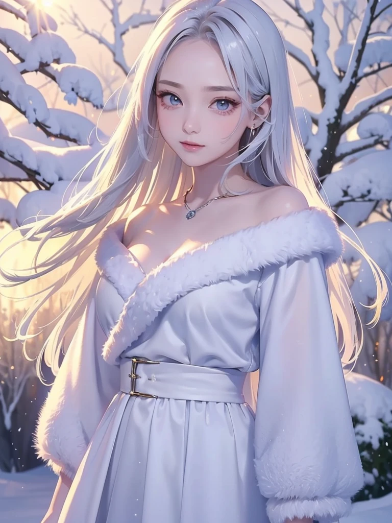 ((masterpiece:1.5、8k、Portraiture、フォトリアリスティックでVery detailedなCG、Very detailed、Particle Effects、Dynamic Effects、Shallow depth of field、Cinematic Light、Lens flare、Ray Tracing、Tabletop、Realistic:1.4、Ultra-high resolution:1.2、Realistic、Realistic))((alone、,Woman wearing an off-the-shoulder fur sweater:1.4、Elegant woman posing、Detailed face、bright表情、young, bright, Whiter skin、Ample breasts、Best Looks、Ultimate beauty、Shiny silver hair with highlights、bright and shiny hair,、Super long, Silky straight hair、Hair dancing in the wind))(morning、The setting is outdoors in the snow、Lots of dead trees)