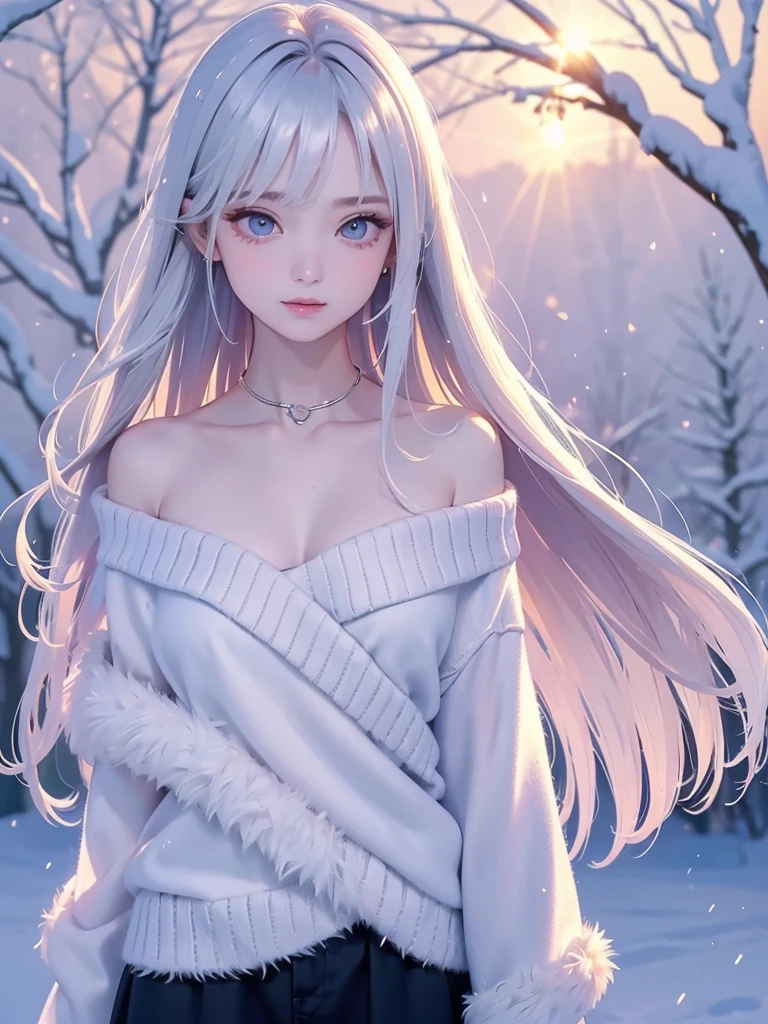 ((masterpiece:1.5、8k、Portraiture、フォトリアリスティックでVery detailedなCG、Very detailed、Particle Effects、Dynamic Effects、Shallow depth of field、Cinematic Light、Lens flare、Ray Tracing、Tabletop、Realistic:1.4、Ultra-high resolution:1.2、Realistic、Realistic))((alone、,Woman wearing an off-the-shoulder fur sweater:1.4、Elegant woman posing、Detailed face、bright表情、young, bright, Whiter skin、Ample breasts、Best Looks、Ultimate beauty、Shiny silver hair with highlights、bright and shiny hair,、Super long, Silky straight hair、Hair dancing in the wind))(morning、The setting is outdoors in the snow、Lots of dead trees)