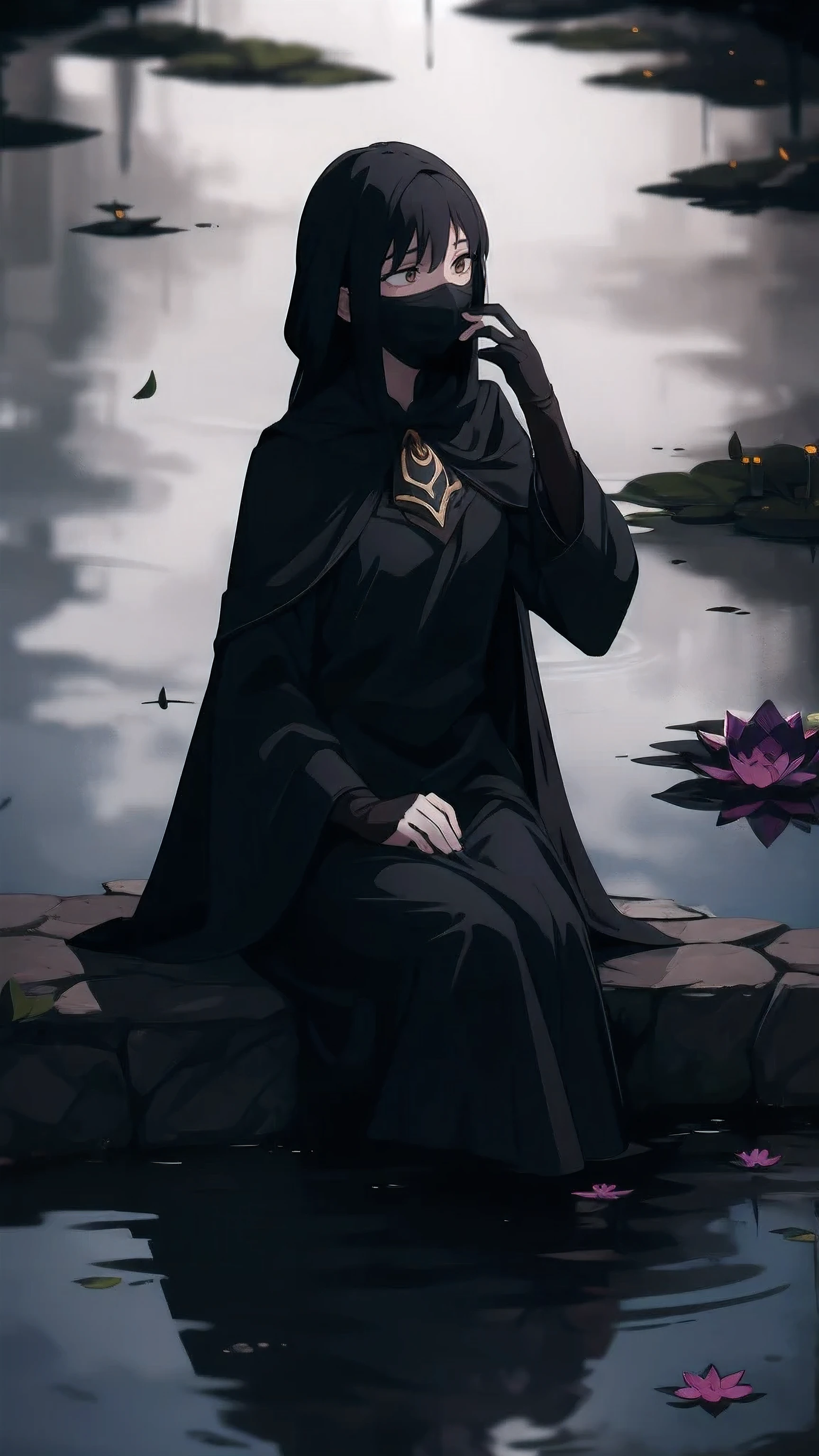 1girl, sad, sitting, (umbra-mask), (shadow-self), (dark-aura), (low-resoul-mist), (dark-lotus), ((fountain:0.9)), (water), (water-falling-down), (falling-leaves:0.8)), (small-tree:0.6), (small-fence:0.5), (forest-floor), (misty-background), (mysterious-mood), (low-light), (low-angle-shot), (posing:1.1), (slightly-looking-away), (hand-on-umbra-mask), (fingernails-long), (umbra-symbol-on-forearm), (symbol-of-earth-element), (elegant-attire), (dark-clothing), (shadow-dance-mood), (high-contrast), (vibrant-colors), (water-reflection)