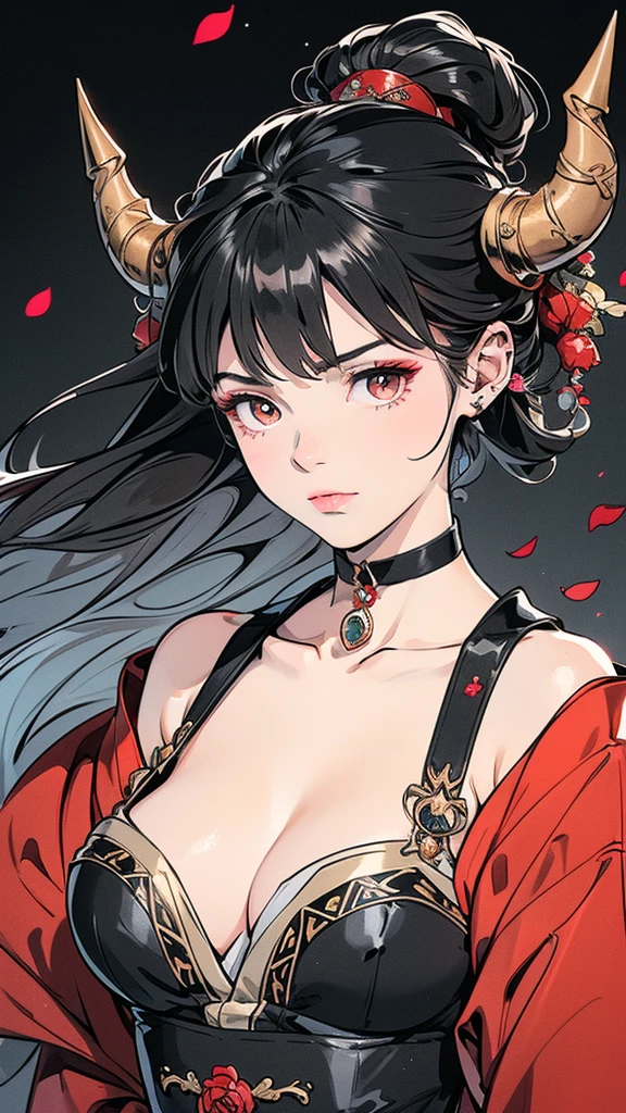 Seven Rhaeyar (Deylta), Ancient Star goddess, Perfect female anatomy (Royalty, Adult Female, 166cm in height, Cool pale skin, slim, slender, 34D breast size, Long Jet Black Hair, Gray Colored Iris , a set of Jet black colored horns on her head), Neutral facial expression, Elegant black uniform dress, female choker accessory with silver complimentary jewelry, dragon motifs, Black rope accessories, Simple Black Background, receiving light from the front, Slightly focusing on her face up close, Ethereal glow, Red Rose petals falling, Japanese inspired