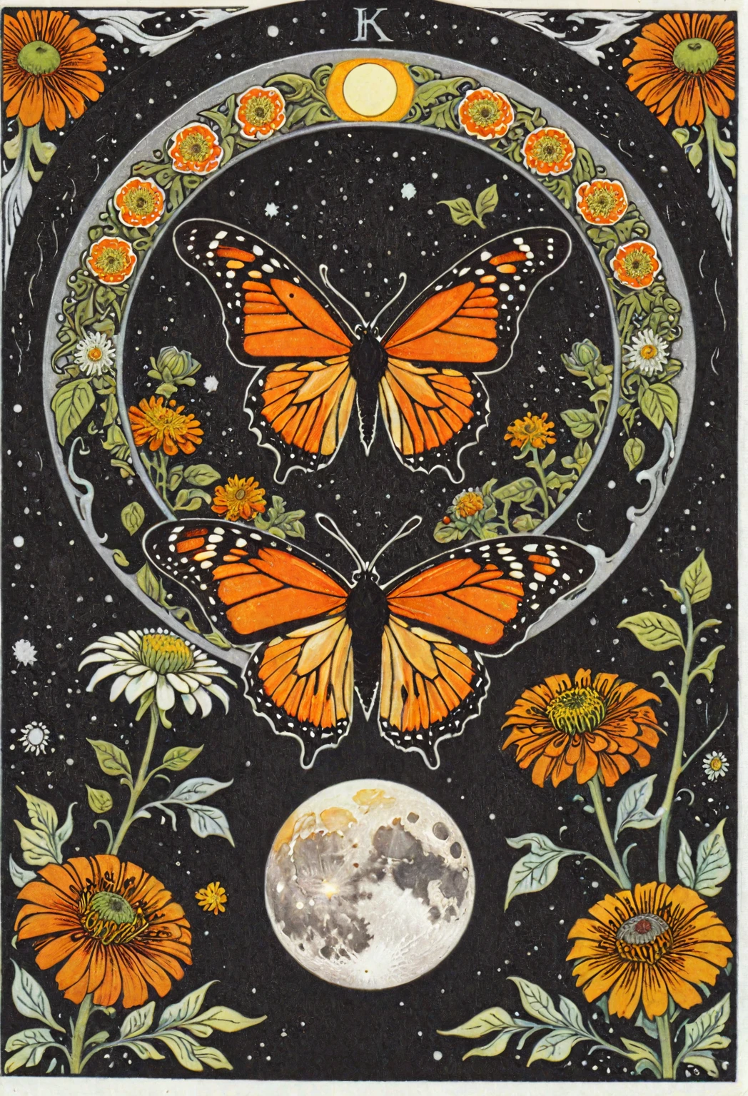 symmetric, balanced, monarch butterfly at the center of the moon surrounded by a frame of zinnia flowers, dark amber and gray colors, ephemeral patterns, witchcore aesthetics, cloisonnism, eleanor vere boyle, Ivan Bilibin Style page, lks73zb1, Inkdrawing, by Kr355e