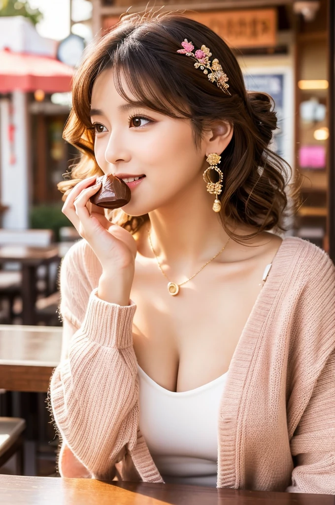 Family restaurant parking lot, full-time housewife, ((full body)), ((photo)), ((best qualtiy, 8K, tmasterpiece:1.3)), Focus:1.2, perfect figure beautiful girl:1.4, 1girl, cowboy shot, look at viewer, incredibly absurd, beautiful and cute girl with a photorealistic face, showcasing top-quality craftsmanship, Japanese woman eating at a family restaurant, 21 years old, medium-long brown hair, parted in the middle with curls at the ends, bangs cut above the eyes, naturally rounded hairline, large chocolate brown eyes, long eyelashes, cherry blossom lips, slightly high nose, oval face, fine skin, plump cheeks, soft chin, gentle smile, glamorous, fair skin, large buttocks, beautiful D-cup breasts, beige dress, pink cardigan, floral scarf, earrings, hair accessory, pretty older woman, beautiful, glamorous, gentle, attentive, passionate, curious, loves to talk, September