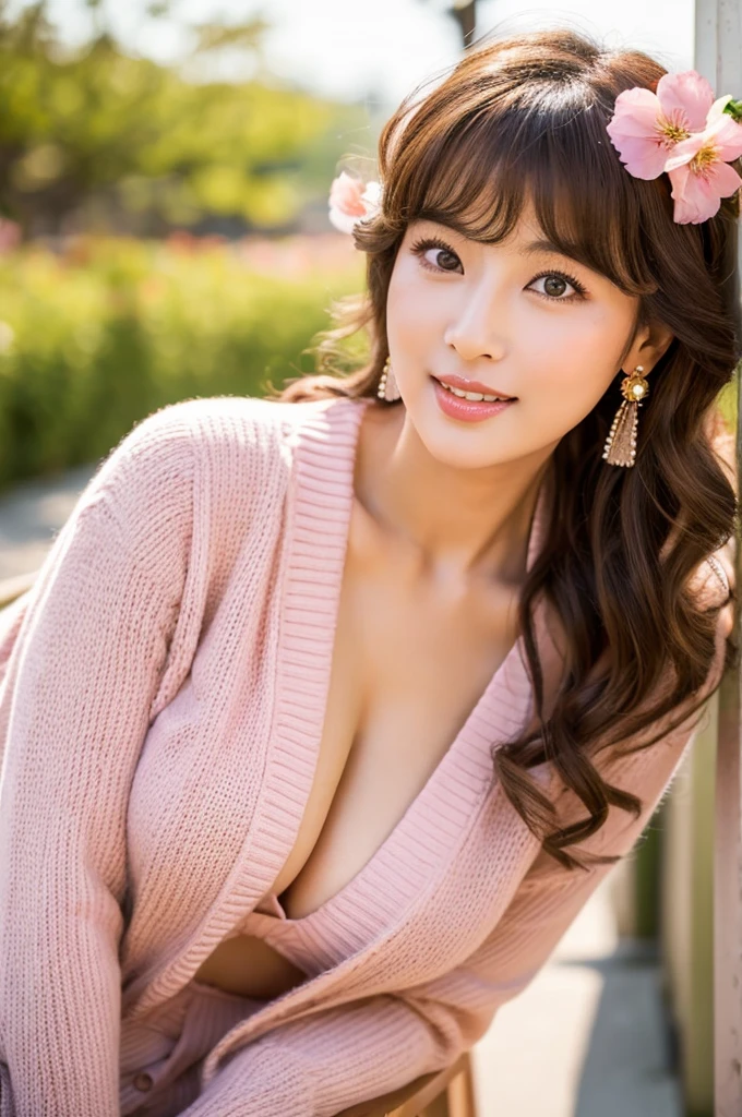 Family restaurant parking lot, full-time housewife, ((full body)), ((photo)), ((best qualtiy, 8K, tmasterpiece:1.3)), Focus:1.2, perfect figure beautiful girl:1.4, 1girl, cowboy shot, look at viewer, incredibly absurd, beautiful and cute girl with a photorealistic face, showcasing top-quality craftsmanship, Japanese woman eating at a family restaurant, 21 years old, medium-long brown hair, parted in the middle with curls at the ends, bangs cut above the eyes, naturally rounded hairline, large chocolate brown eyes, long eyelashes, cherry blossom lips, slightly high nose, oval face, fine skin, plump cheeks, soft chin, gentle smile, glamorous, fair skin, large buttocks, beautiful D-cup breasts, beige dress, pink cardigan, floral scarf, earrings, hair accessory, pretty older woman, beautiful, glamorous, gentle, attentive, passionate, curious, loves to talk, September