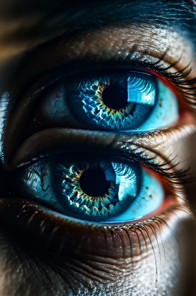"A close-up shot of a mesmerizing blue eye dominates the frame. The pupil is of a standard human size, ensuring a natural appearance, while still captivating with its vibrant iridescent sheen as reflected light dances across the iris. No distracting background, just the intense gaze and swirling blues. Perfect eyes, Realistic Blue Eyes."
