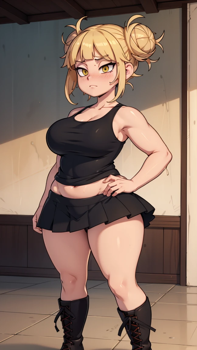Himiko Toga, 1girl, she's wet, shocked facial expression, Short blond hair, short messy hair buns, wet hair, from underneith,((tmasterpiece),(Very detailed CG unity 8K wallpaper),best qualtiy,,report,1girll,cinmatic lighting,detailed back ground,beatiful detailed eyeright pupils,(Very fine and beautiful),(Beautiful and detailed eye description),ultra - detailed,tmasterpiece,)),facing at camera,Protruding underparts,Camel toes,absurderes,A high resolution,ultra - detailed),she soaking wet,1girll,report,mature,(very long hair,brunette color hair)Emotive expressioniting, bulge,Camel toes,Protruding,Colorful,Most detailed,exteriorully body photo, beautiful eyes, perfect eyes, perfect face, (yellow eyes:1), muscular, bedroom, sexy, round blush, massive huge , black tank top, black skirt, red hankercheif on neck, 25 years old, full body, tall, skinny huge tits thicc hips good hands 1k punk glows punk boots black lip stick