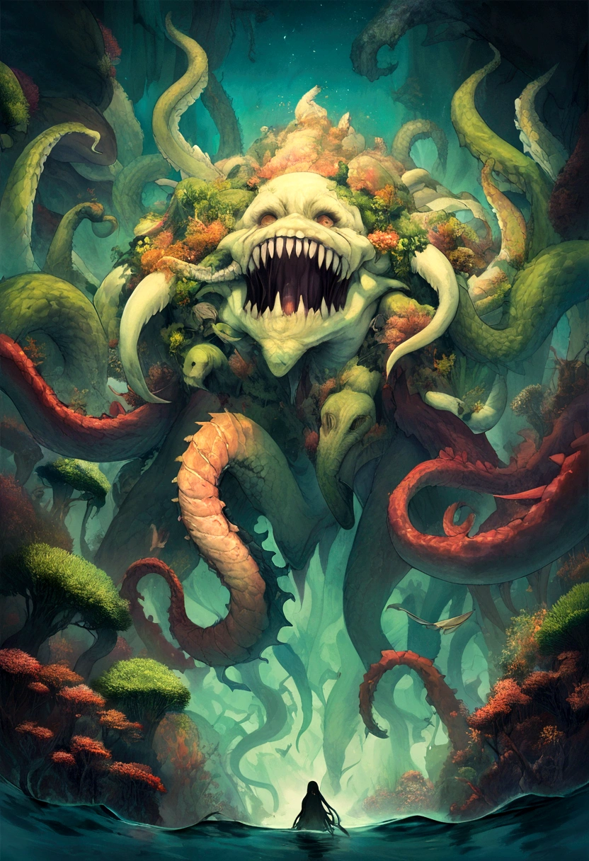 ,home page.Lovecraft, Very deep lake images,Ambiguous underwater, Muddy Waters,A giant deep-sea reptile dragon swims beneath it., Completely submerged, Large Eldritch Hybrid Shape,Long and bulky shape, Corals and fish with twisted and scary expressions, Mysterious Beings in the Water, Scales and fins,Long fish-like tail,Small tentacles,nail,teeth, Chimera,eye, Strong contrast between above and below the water surface, Above are warm colors、The bottom is cool color, Surface Island,they are, skull