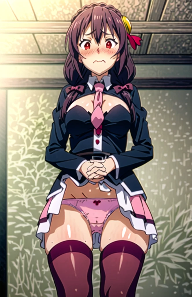 (masterpiece, Highest quality), One girl, Yunyun,Long Hair,Braiding,Twin tails,Hair between the eyes,Red hair ribbon,hair ornaments,large round breasts,、Fluttering pink skirt、Black Hair、Red Eyes、(Embarrassed face:1.2)、indoor、Crown Blade,Black Shirt, Long sleeve,Pink tie, belt, Cleavage cutout、cowboy shot、(blush:1.2)、I see pink panties、View from below