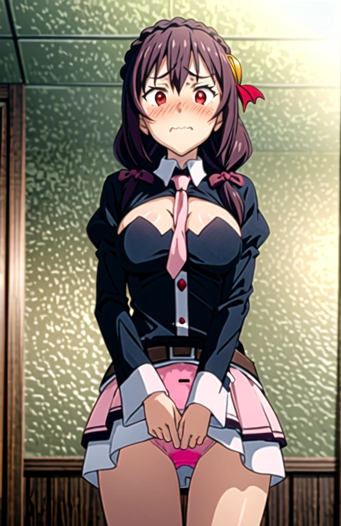 (masterpiece, Highest quality), One girl, Yunyun,Long Hair,Braiding,Twin tails,Hair between the eyes,Red hair ribbon,hair ornaments,large round breasts,、Fluttering pink skirt、Black Hair、Red Eyes、(Embarrassed face:1.2)、indoor、Crown Blade,Black Shirt, Long sleeve,Pink tie, belt, Cleavage cutout、cowboy shot、(blush:1.2)、I see pink panties、View from below