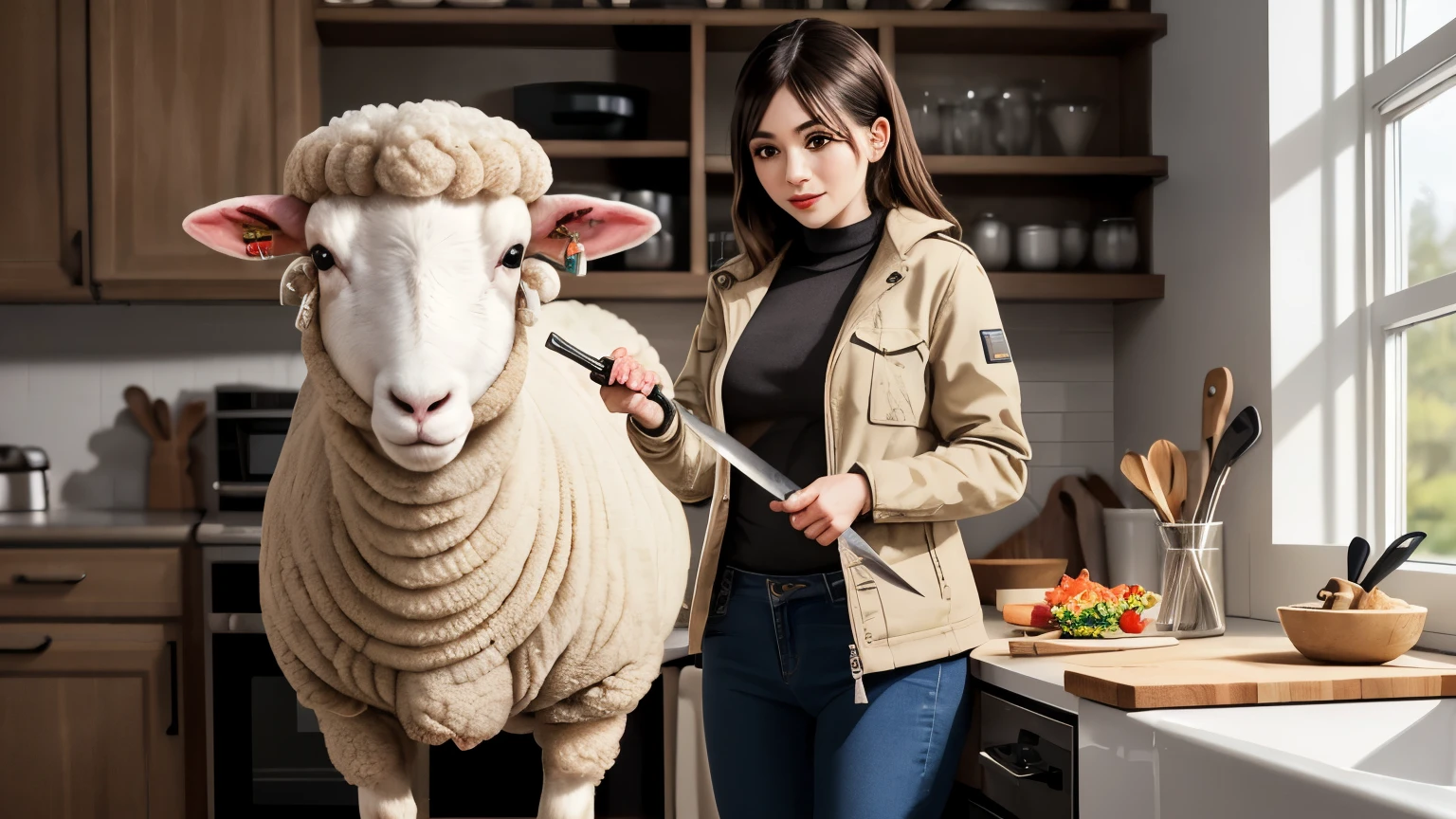 
a sheep is sharpening a knife in the kitchen 
Animal ,brown Lamb , Sheep sharpening knife standing in the kitchen with eyed glass  wearing a jacket and jeans , Cute Lamb , UHD , 8K 