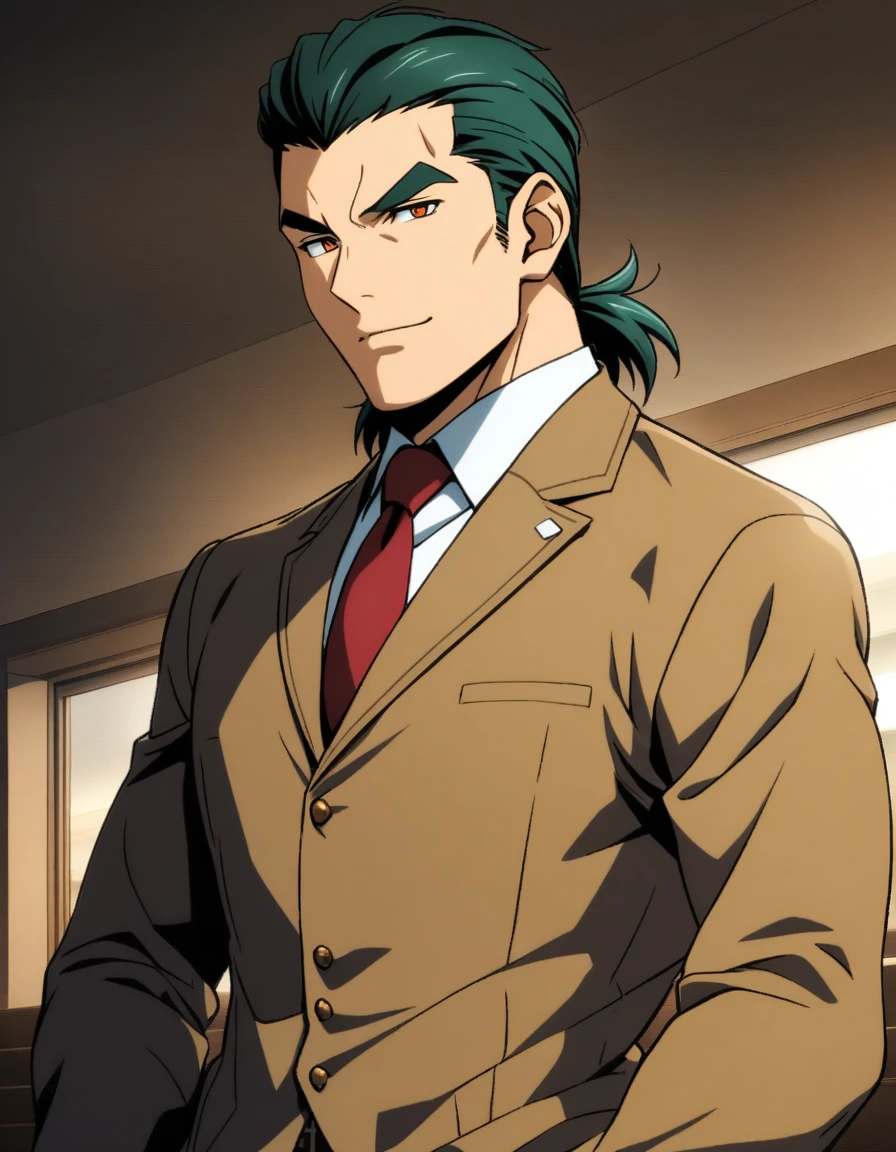 1man, vice principal, middle mullet hairstyle, dark-green hair, slicked back, copper-colored eyes, middle-thick eyebrows, square-shaped head, handsome, middle-muscular, forehead, 30yo, BREAK solo, fomal beige three-piece suit, brown vest, red tie, white collared shirt, soft smile, upperlegs, in bible black style, 2000s, elegant quality, extreme all detailed, masterpiece, best quality
