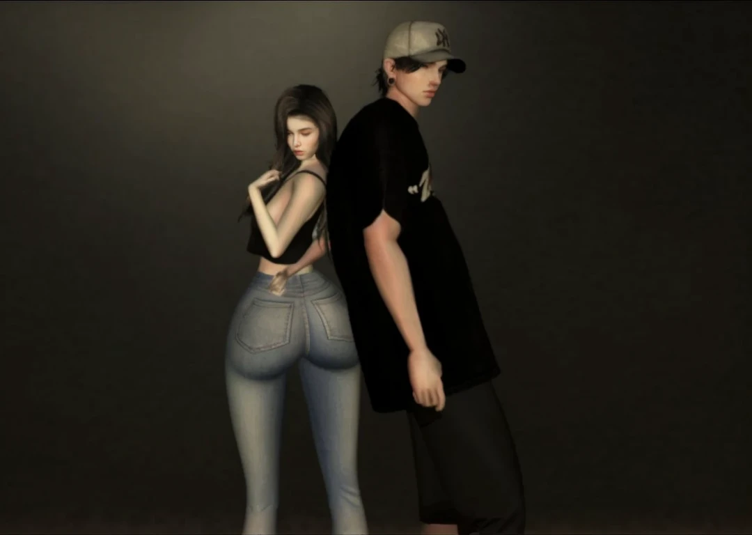 Realistic 3d art, women and man, 0 -25, glowing skins, background in old house