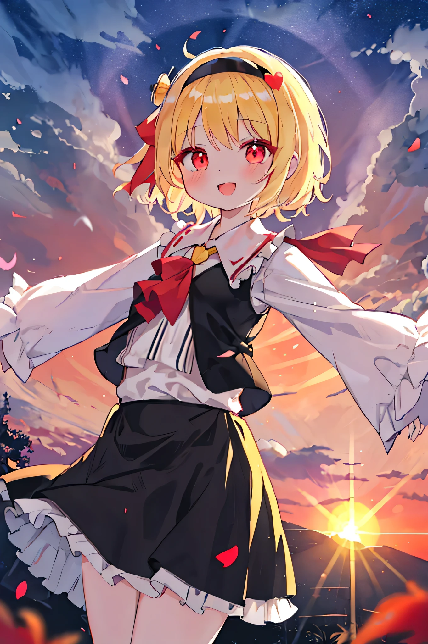 masutepiece, Best Quality, 1girl in, rumia, Blonde hair, Solo, Red Eyes, Open mouth, bow ribbon, Hair Ribbon, Skirt, Outstretched arms, Smile, Shirt, Short hair, Looking at Viewer, Long sleeves, Sunset, vests, spreading arms, skirt set, frills skirt, Sun, frilld, :D, Black skirt, mont, tree, Lens Flare, White shirt, skyporn, Red Ribbon, ascot, Sunrise, darkness, Black vest, Backlighting, Twilight