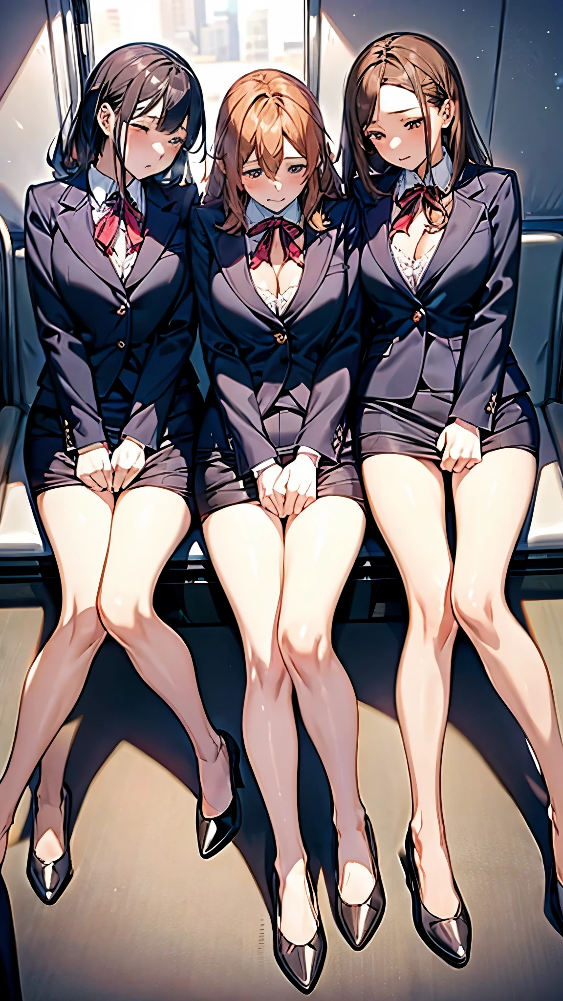 pencil skirt,Three women sitting on a train leaning against a wall. They are completely asleep, head snuggled up against each other. Beautiful legs together, dressed in tailored suits and tight skirts, the sun setting outside the window and the Tokyo office district, the girls' foreheads sweating in the summer heat. Through the gap between their beautiful legs, one can see their underwear. Taken from a little distance so as not to be noticed by the girls in high heels.Bust ribbon is loose and cleavage is visible