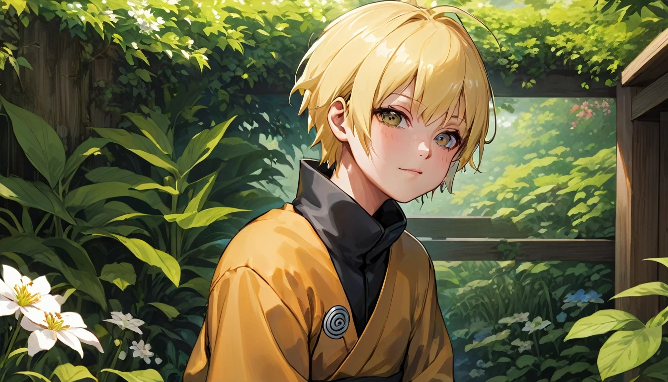 (Absurd, High resolution, Super detailed), (Cinematic), (超High resolution), alone, 1 person, mature, Happy, Upper Body, Blonde Short Hair, Fantasy, spring, garden, Mouth closed, (Cinematic, Highest quality, 超High resolution), ((Official Art)), ((Pop Art))profile, A simple hut, Detailed face, (Very fine grain), naruto uzumaki, ((noble)), (((Prince&#39;s black costume))), Emperor, Duke, (((((alone)))))