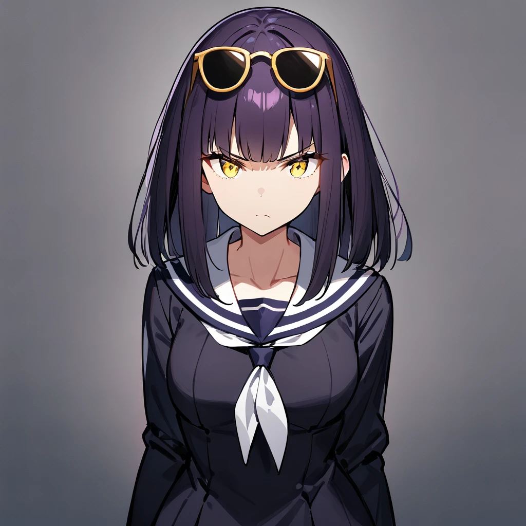 1girl,Solo,dark purple hair,yellow eyes,medium breasts,sailor,straight hair,pov,straight on,best quality, very aesthetic, absurdres,cowboy shot,eyewear,serious,serious,(Tsutomu Gari),(Embarrassing)