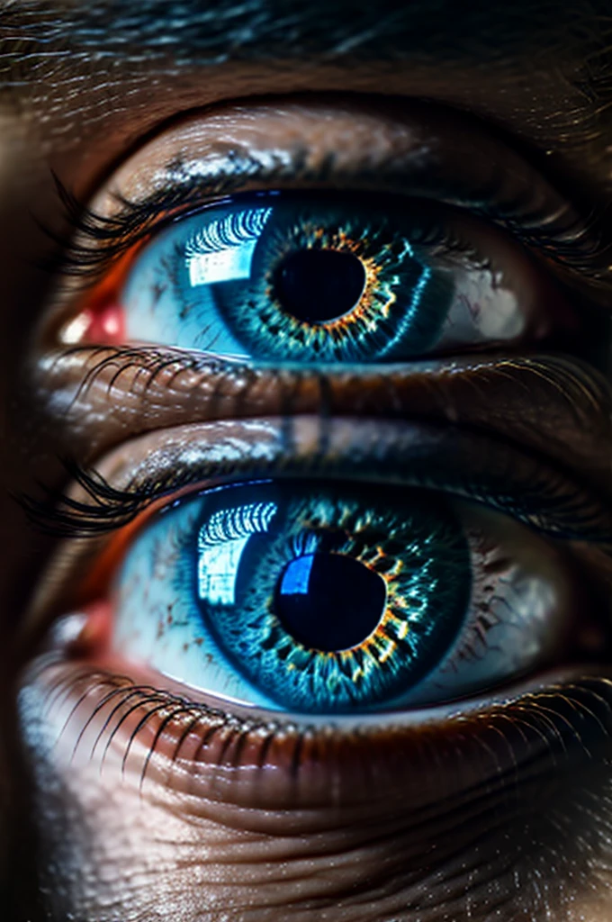 "A close-up shot of a mesmerizing blue eye dominates the frame. The pupil is of a standard human size, ensuring a natural appearance, while still captivating with its vibrant iridescent sheen as reflected light dances across the iris. No distracting background, just the intense gaze and swirling blues. Perfect eyes, Realistic Blue Eyes."