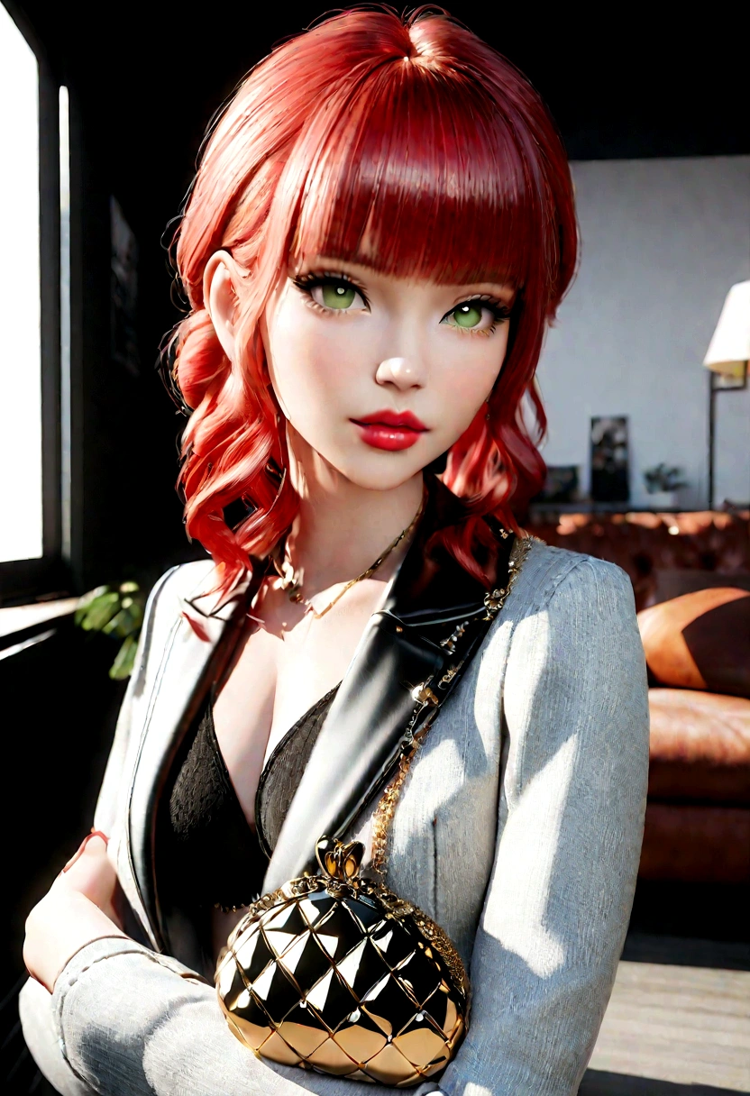 stunning 3D render of a beautiful Latina Chibi girl with red hair, wearing a black and white bikini. The bikini top and bottom have intricate details and match in color, while she carries an elegant gold purse with the text "Arcy's girl". The girl has vibrant green eyes, rosy lips, and wears modern, stylish clothing. She is depicted in a realistic and stylish living room setting, with the image rendered in 3D, showcasing cutting-edge fashion and trends for K-pop 2024. This captivating artwork is a photography-inspired piece that captures the essence of modern moda and pop culture., photo, vibrant, 3d render