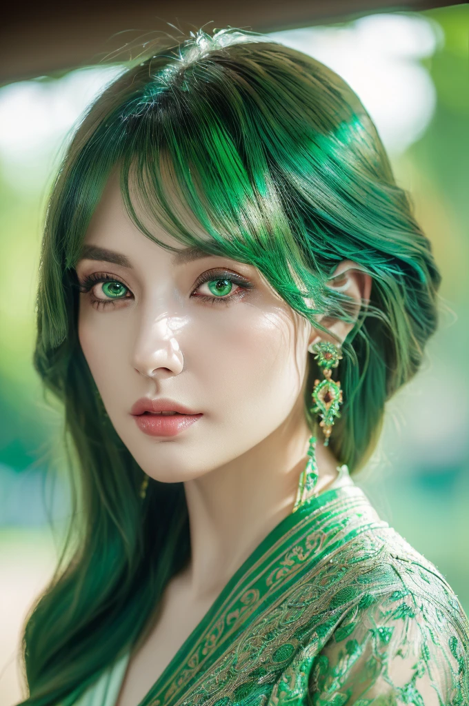 (masterpiece, High resolution:1.3), (Portrait of a mature woman with emerald green hair:1.2), (Fascinating eyes with a mesmerizing blue hue, The center will turn green:1.2), (Meticulously detailed eyes steal the focus, reflect depth and emotion:1.2), (Canon EOS R5 camera delivers outstanding detail and color accuracy:1.2), (Paired with Sigma 85mm f/1.Get stunning close-ups with the 4 DG HSM Art lens:1.2), (soft, Emphasize facial features、Diffuse lighting to make your eyes stand out:1.2), (Ultra photorealistic rendering, Highlight incredibly beautiful eyes:1.3), (intricate hair details, Capturing rich emerald hues:1.2), (Delicate makeup that enhances a woman's natural beauty:1.2), (An image that celebrates the charm and elegance of mature women.:1.2), (Focused composition that emphasizes the captivating gaze and detailed eyes:1.2), Broken Eye, Eye Reflexes, Glowing Eyes, Sparkling eyes, Depth of written boundary, Cinema Lighting, 4K, 8k, 16K, 最high quality, High resolution, high quality, Attention to detail, Textured skin, Super detailed, Anatomically correct, Accurate