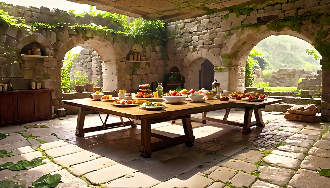 Model shooting style, (Highly detailed CG 8K wallpaper), In the center of the room、There is a long, wide wooden table with food leftovers on it., Old and spacious room, Stone wall and a little high, No ceiling, At the back of the room are the remains of a Roman stone archway overlooking the garden.。