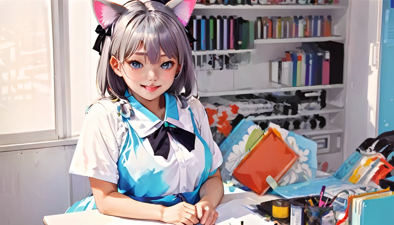 Colorful hair and colorful dresses in anime ((Cat ears only girl)),  school uniform pastel vivid, rossdraws manga vivid, Anime Style 4k, Beautiful Anime portrait, art germ colorful!!!、! Dream Art Germ, Beautiful Anime, A girl with cat ears, Anime style digital art, anime art wallpaper 4k, anime art wallpaper 4k, Digital anime art, Highly detailed artwork, ,  whole body, Sitting in the office, Gray Hair, Front view, Grin,