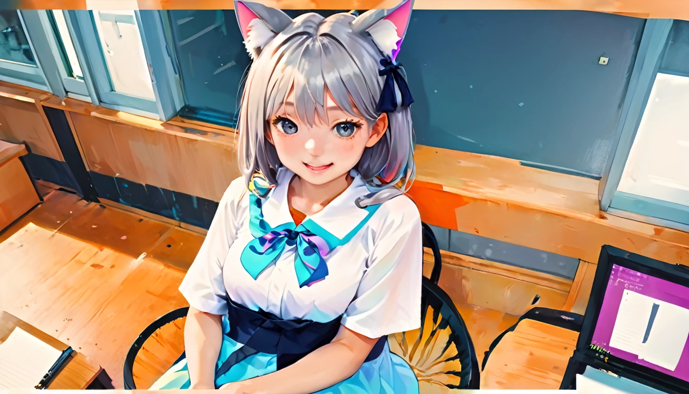 Colorful hair and colorful dresses in anime ((Cat ears only girl)),  school uniform pastel vivid, rossdraws manga vivid, Anime Style 4k, Beautiful Anime portrait, art germ colorful!!!、! Dream Art Germ, Beautiful Anime, A girl with cat ears, Anime style digital art, anime art wallpaper 4k, anime art wallpaper 4k, Digital anime art, Highly detailed artwork, ,  whole body, Sitting in the office, Gray Hair, Front view, Grin,