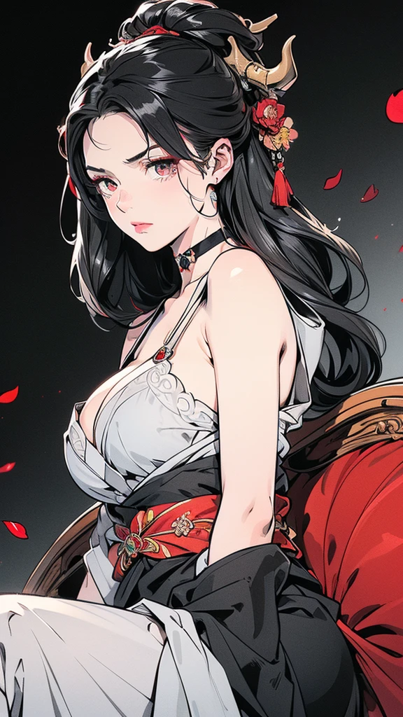 Seven Rhaeyar (Deylta), Ancient Star goddess, Perfect female anatomy (Royalty, Adult Female, 166cm in height, Cool pale skin, slim, slender, 34D breast size, Long Jet Black Hair, Gray Colored Iris , a set of Jet black colored horns on her head), Neutral facial expression, Elegant black uniform dress, female choker accessory with silver complimentary jewelry, dragon motifs, Black rope accessories, Simple Black Background, receiving light from the front, Slightly focusing on her face up close, Ethereal glow, Red Rose petals falling, Japanese inspired