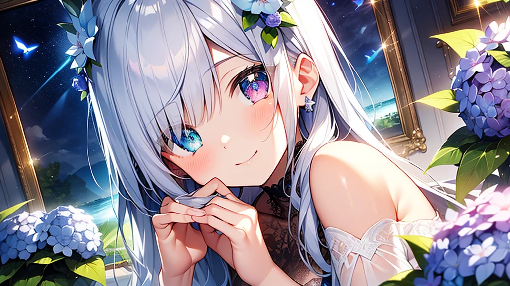 Best quality、Photorealistic、Ultra-detailed、delicate、Orderly、High Detail、Bluish Silver Short Bob、(Drooping heterochromia iris,glowing eyes、Sparkling Eyes:1.3)、slender、(One girl:1.2)、(hydrangea、night、Guided by the moonlight、The twinkling of the constellationysterious、Fantasy、Dramatic、Dutch Angle:1.3)、Ambient Occlusion、Ambient Light、Ray-traced Reflections、Glow、Shiny Hair、