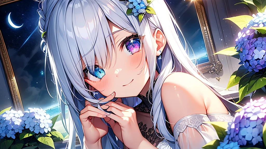 Best quality、Photorealistic、Ultra-detailed、delicate、Orderly、High Detail、Bluish Silver Short Bob、(Drooping heterochromia iris,glowing eyes、Sparkling Eyes:1.3)、slender、(One girl:1.2)、(hydrangea、night、Guided by the moonlight、The twinkling of the constellationysterious、Fantasy、Dramatic、Dutch Angle:1.3)、Ambient Occlusion、Ambient Light、Ray-traced Reflections、Glow、Shiny Hair、