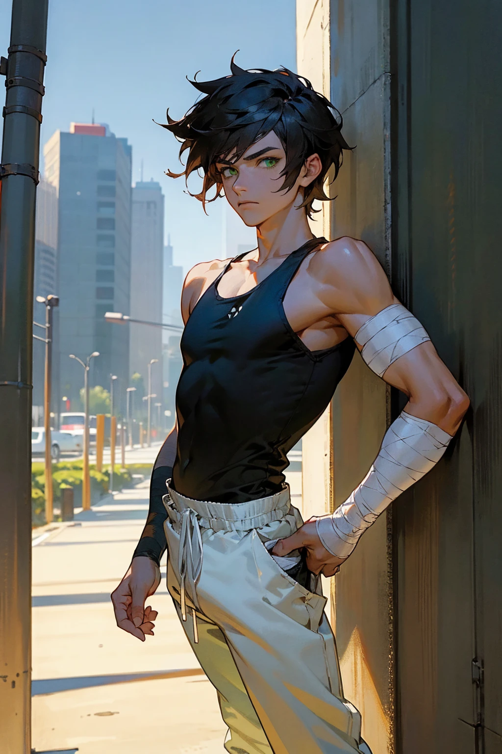 1male, dark hair, faded hair, green eyes, black tank top, arm bandages, arms bandaged, white baggy pants, city background, detailed background, hands to side, standing on path