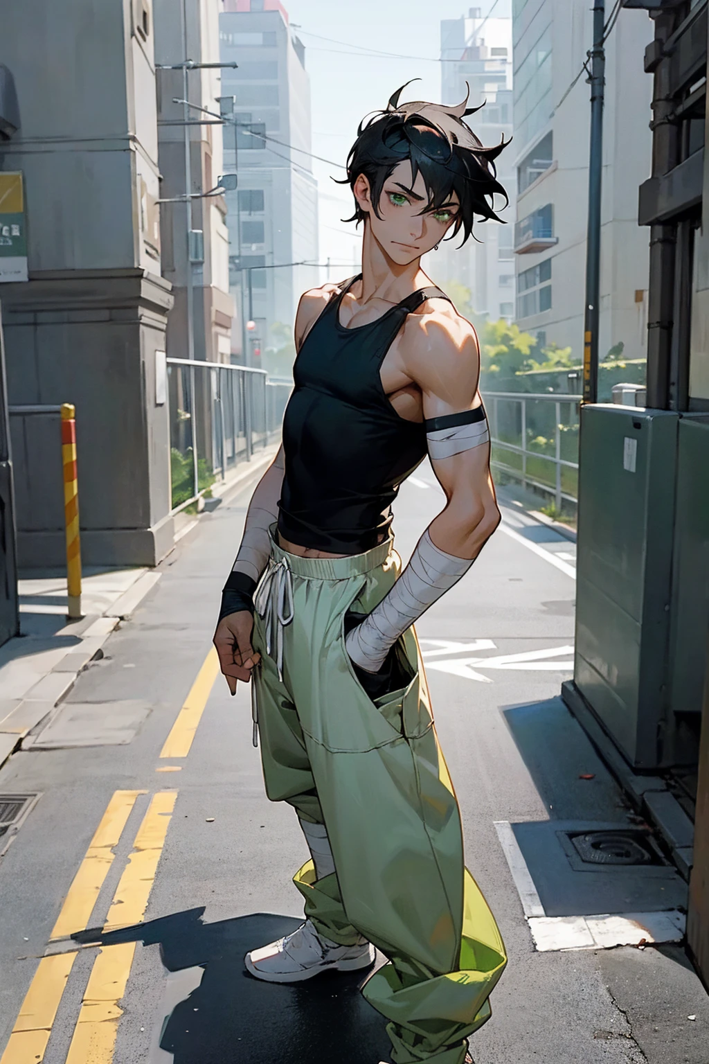 1male, dark hair, faded hair, green eyes, black tank top, arm bandages, arms bandaged, white baggy pants, city background, detailed background, hands to side, standing on path