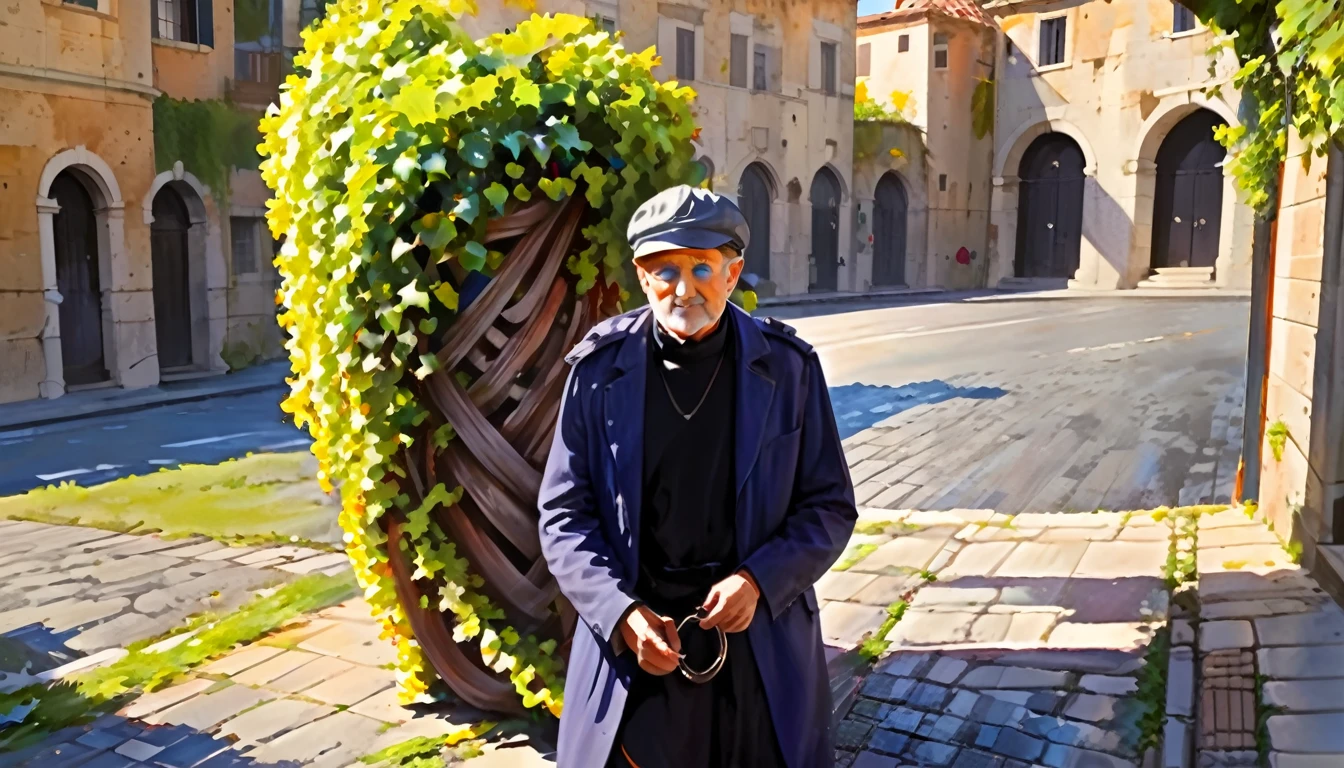 Rome, (Realistic), watercolor, Highest quality, Dynamic colors, Swirl, Architecture Street, Portrait of a person, blue eyes, Grapevine, landscape, sunny, Black, Chain attached to a ring, Digital Painting, Ultra-high resolution,