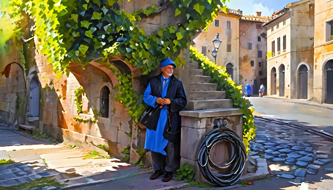 Rome, (Realistic), watercolor, Highest quality, Dynamic colors, Swirl, Architecture Street, Portrait of a person, blue eyes, Grapevine, landscape, sunny, Black, Chain attached to a ring, Digital Painting, Ultra-high resolution,