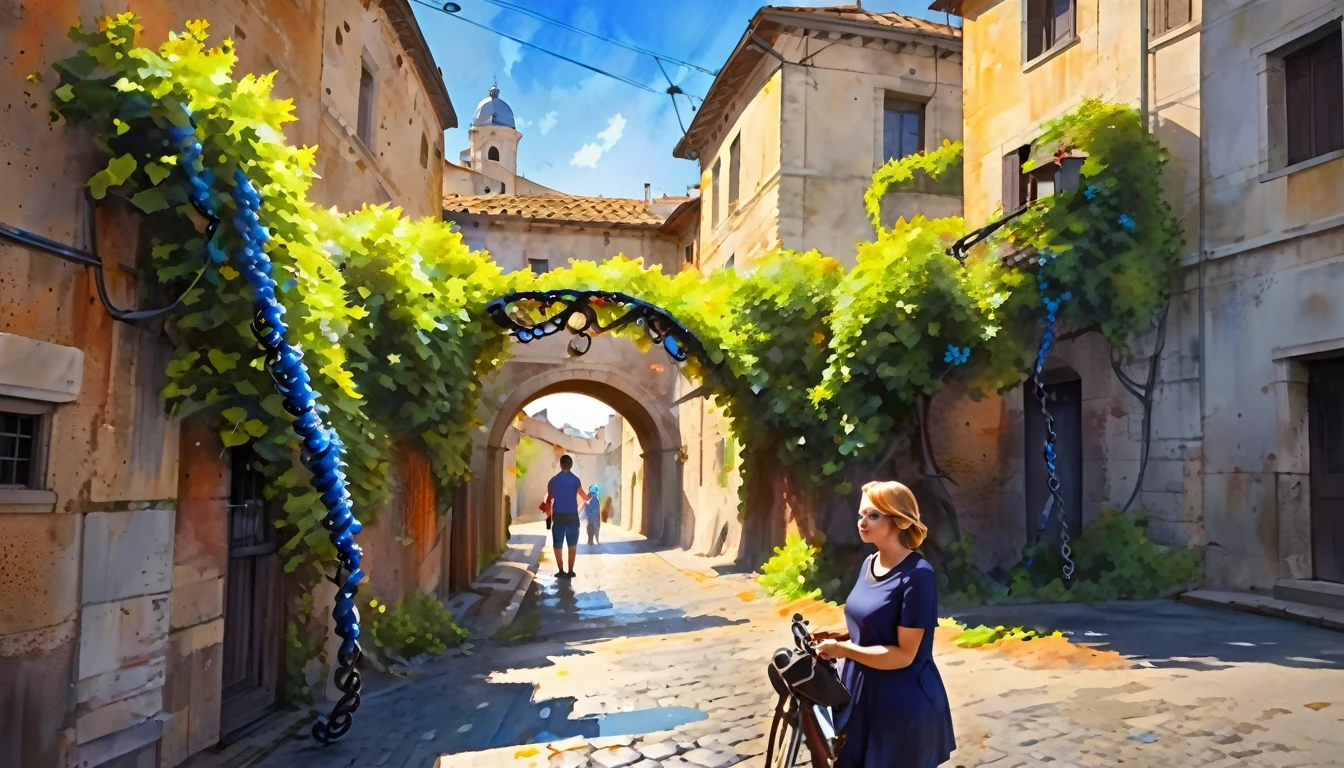 Rome, (Realistic), watercolor, Highest quality, Dynamic colors, Swirl, Architecture Street, Portrait of a person, blue eyes, Grapevine, landscape, sunny, Black, Chain attached to a ring, Digital Painting, Ultra-high resolution,