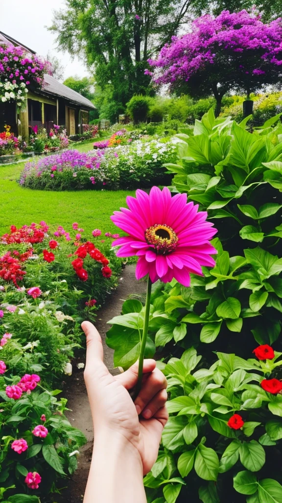 a flower in someone's hand , only a hand is seen in the frame , a flower garden in background, vibrant colors