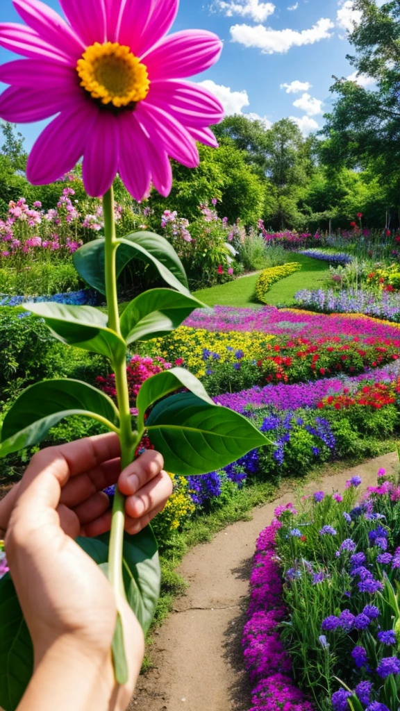 a flower in someone's hand , only a hand is seen in the frame , a flower garden in background, vibrant colors