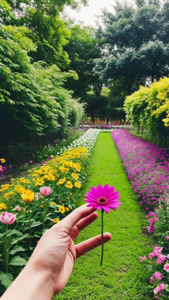 a flower in someone's hand , only a hand is seen in the frame , a flower garden in background, vibrant colors