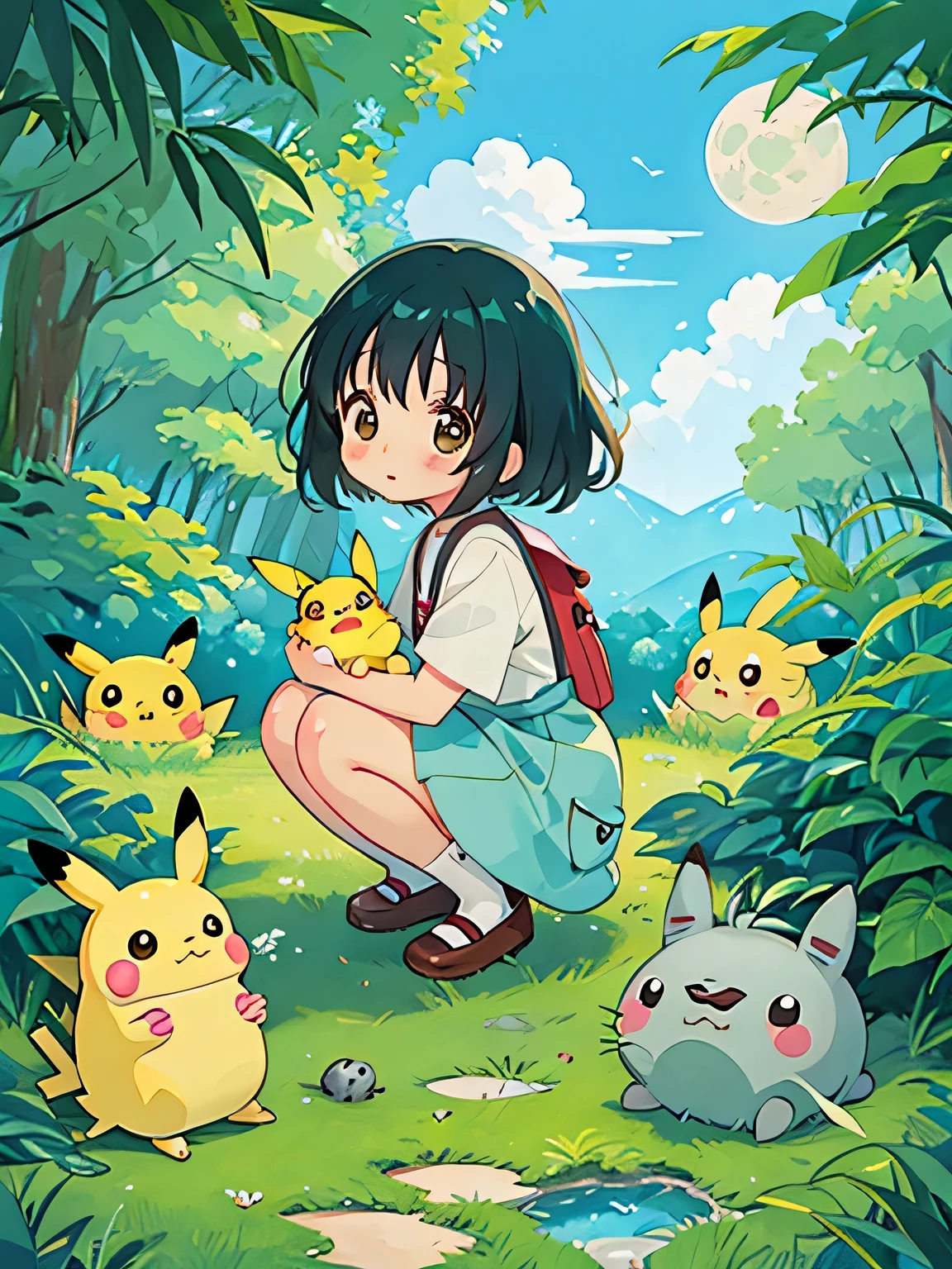 Seizo Watase Miyazaki style、Kawaii Design, most beautiful girl ever、Chibi, (((expedition)))、Pikachu, Totoro, Lunar Surface, Colorful and cute pillbugs