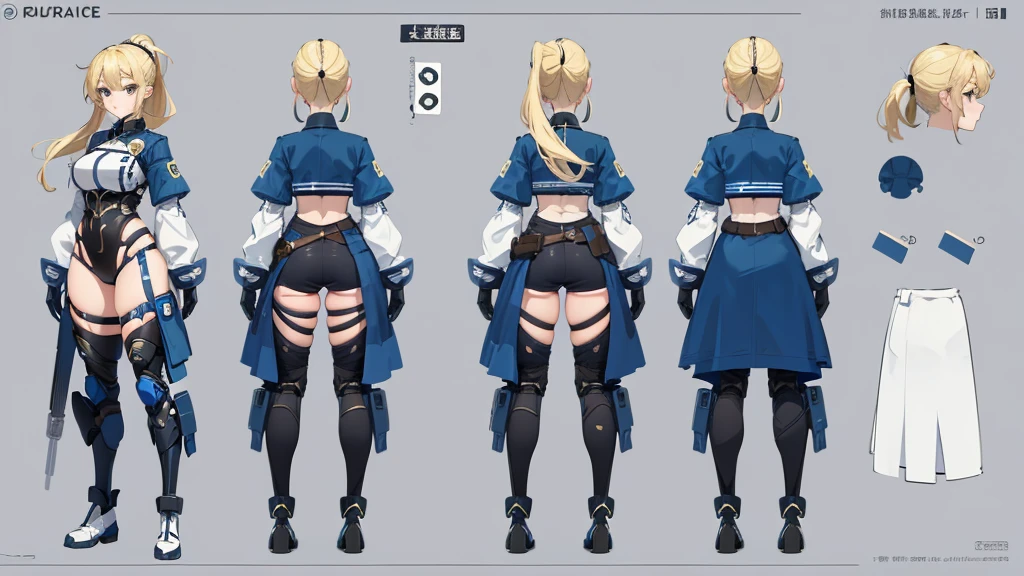 (masterpiece, best quality) detailed,police girl ,blonde hair ponytail,blue eye,(character design sheet, same character, full body, 3views, front, side, back)
