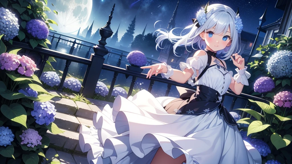 Best quality、Photorealistic、Ultra-detailed、delicate、Orderly、High Detail、Bluish Silver Short Bob、(Drooping heterochromia iris,glowing eyes、Sparkling Eyes:1.3)、slender、(One girl:1.2)、(moon、night、Night Sky、Dark night、Glowing Hydrangea、Mysterious Light、Dutch Angle、Dancing Girl:1.3)、Ambient Occlusion、Ambient Light、Ray-traced Reflections、Glow、Shiny Hair、