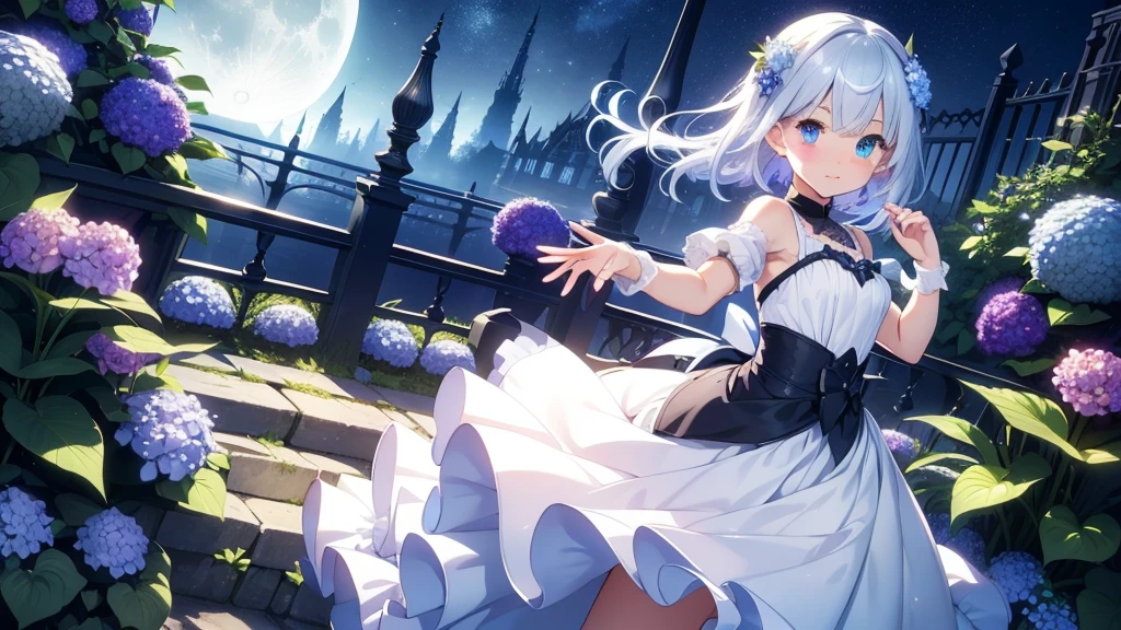 Best quality、Photorealistic、Ultra-detailed、delicate、Orderly、High Detail、Bluish Silver Short Bob、(Drooping heterochromia iris,glowing eyes、Sparkling Eyes:1.3)、slender、(One girl:1.2)、(moon、night、Night Sky、Dark night、Glowing Hydrangea、Mysterious Light、Dutch Angle、Dancing Girl:1.3)、Ambient Occlusion、Ambient Light、Ray-traced Reflections、Glow、Shiny Hair、
