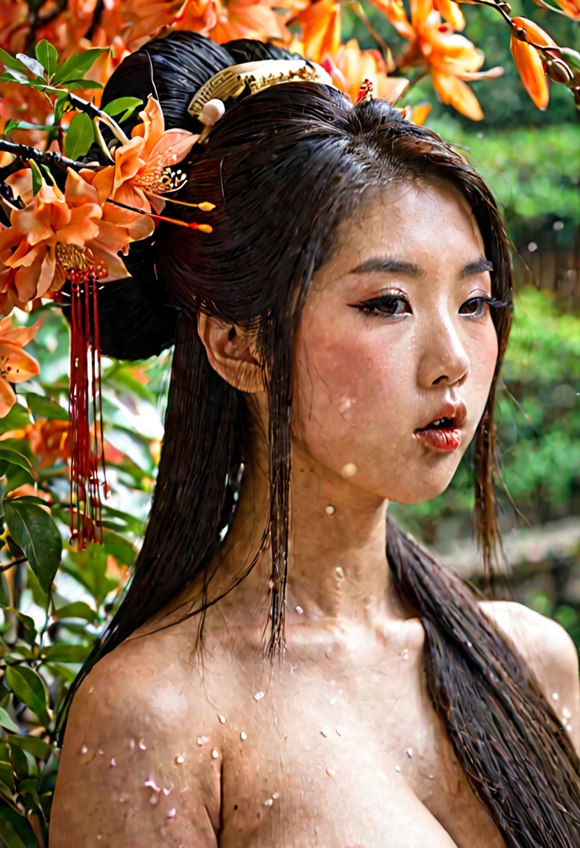 score_9, score_8_up, score_7_up, score_6_up, score_5_up, score_4_up, sexy asian girl, 1girl, japanese geisha, 20 years old, face close up, half body portrait, (geisha hairstyle), big brown eyes,  long hair, naked, side view, licking, licking balls, licking penis, flirting, teasing, hand cupping breast, ((massive facial)), cum spilling out of mouth, ((huge facial:2.0)) sucking cock, deepthroat, excessive cum, facial, sunset, bonsai, flowers, plants, cinematic lightings