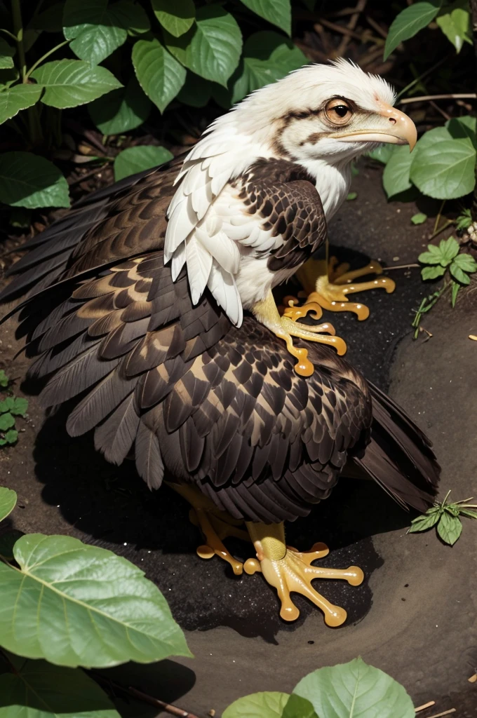 In cartoon-style, draw perfectly a frog crying very for when he sees an eagle lying on the forest floor. The eagle is injured sleeping.