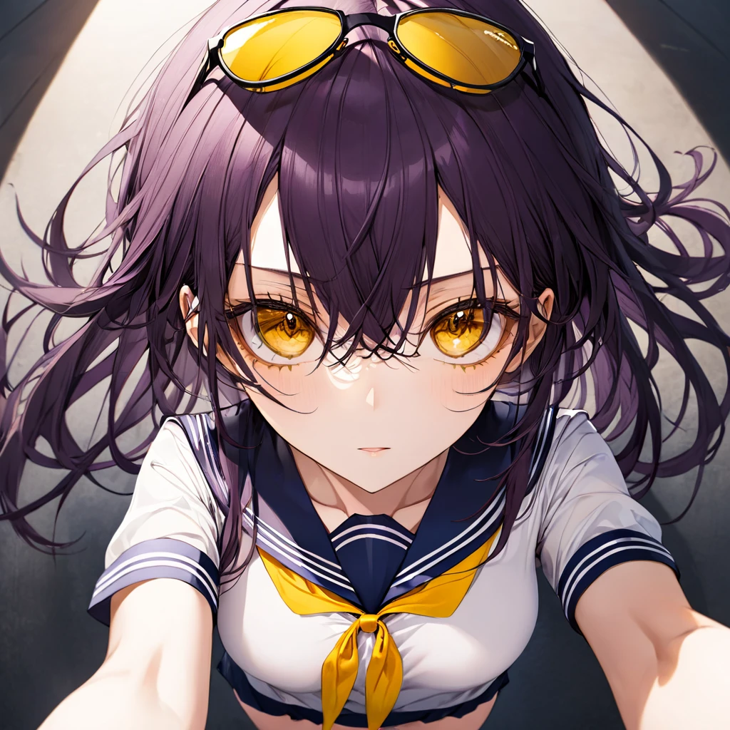 1girl,Solo,dark purple hair,yellow eyes,medium breasts,sailor,straight hair,pov,straight on,best quality, very aesthetic, absurdres,cowboy shot,eyewear